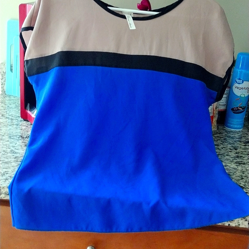Flats&Heels size small silk-looking polyester blouse , taupe, black, royal blue
